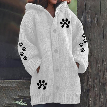 Comstylish Cute Paw Print Long Sleeved Knitted Hooded Cardigan
