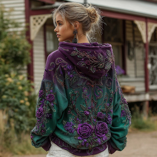 Comstylish Women's Retro Purple Rose Gradient Pattern Casual Hoodie