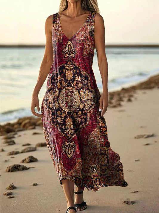 Women's Vintage Ethnic Tattoo Pattern Art Print Pocket Cotton Dresses