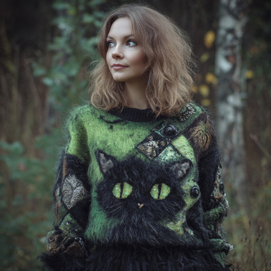 Women's Casual Vintage Halloween Black Cat Embroidered Sweater elevenforest
