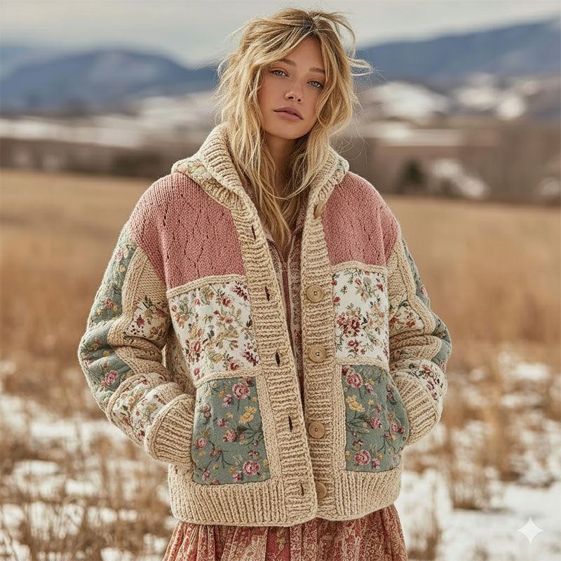 Women's Floral Patchwork Comfortable Hooded Knitted Sweater artswardrobe