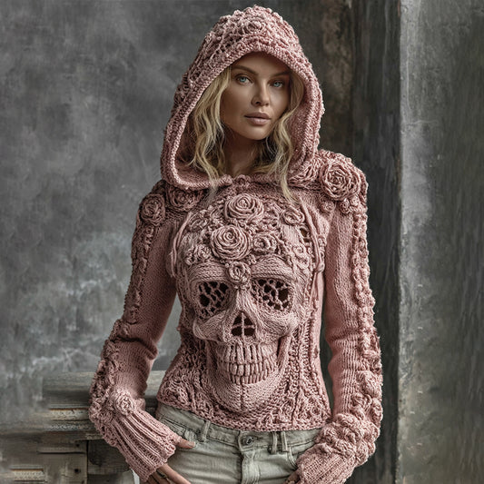 Comstylish Halloween Pink Rose Skull Gothic Hoodie Sweater
