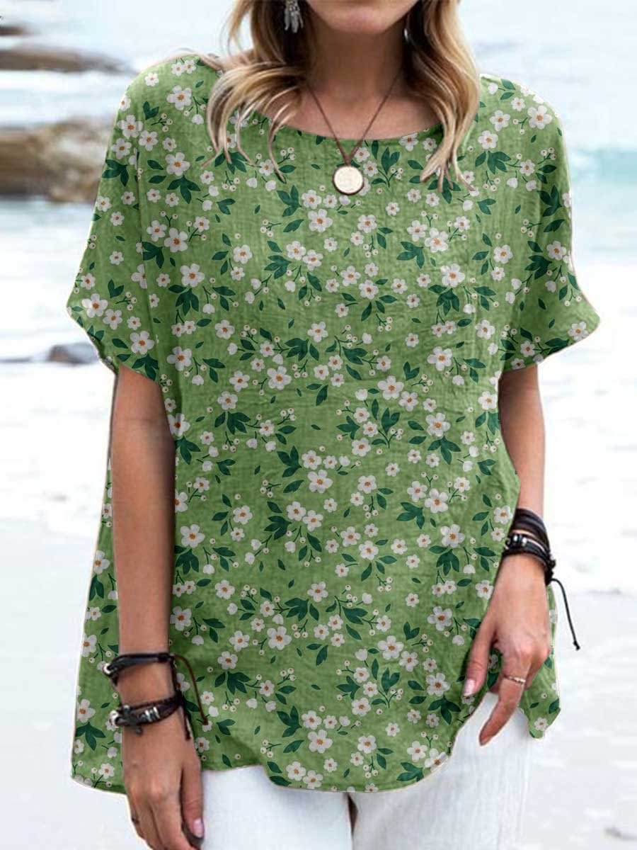 Women's Elegant Floral Cotton and Linen Crew Neck Top