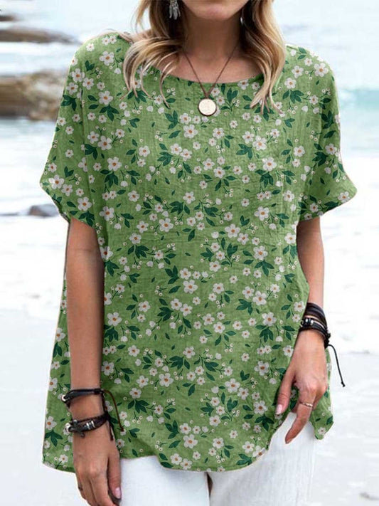 Women's Elegant Floral Cotton and Linen Crew Neck Top