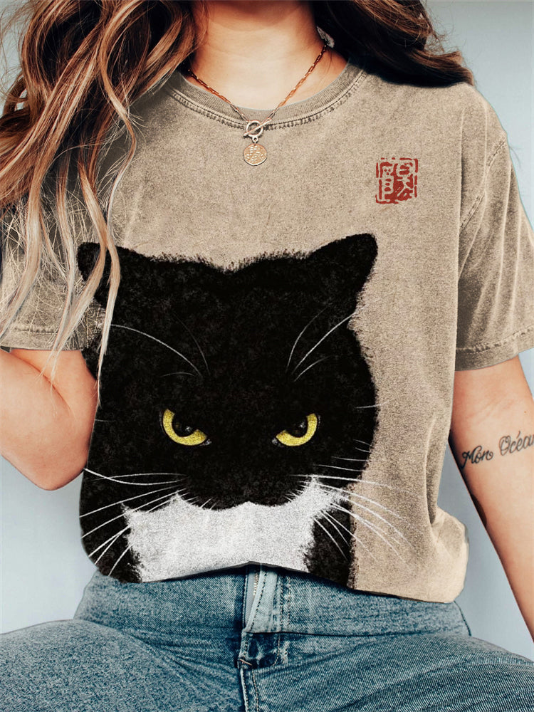 Fuzzy Bicolor Cat Japanese Art Washed T Shirt elevenforest