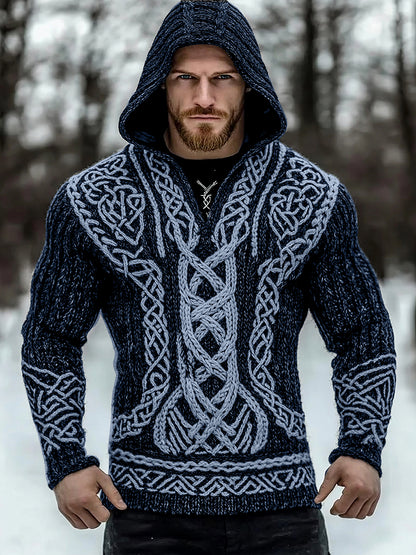 Men's Viking Tribal Jacquard Inspired Celtic Hooded Sweater artswardrobe