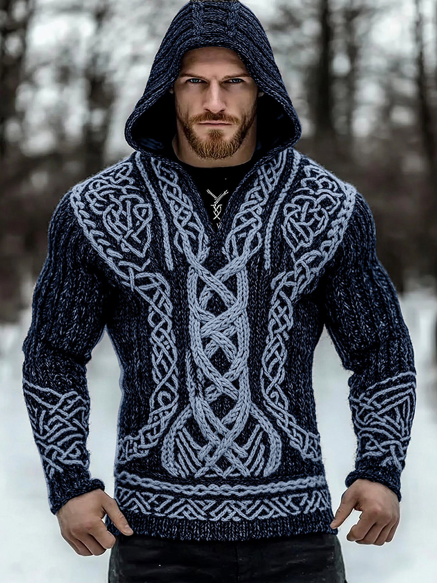 Men's Viking Tribal Jacquard Inspired Celtic Hooded Sweater elevenforest