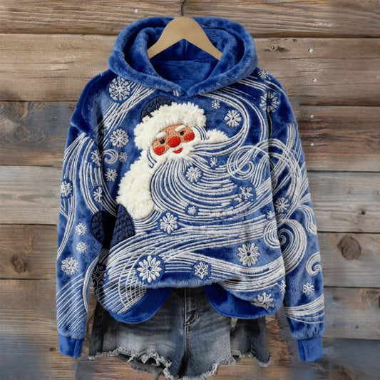 Comstylish Retro Christmas Santa Art Embroidered Cozy Plush Hoodie