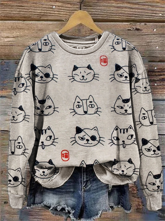 Lovely Cats Faces Japanese Pattern Sweatshirt elevenforest