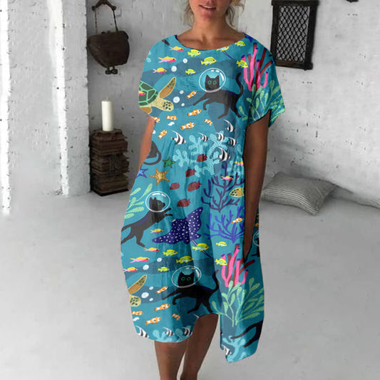 Comstylish Cute Cat Underwater World Art Linen Blend Loose Casual Midi Dress