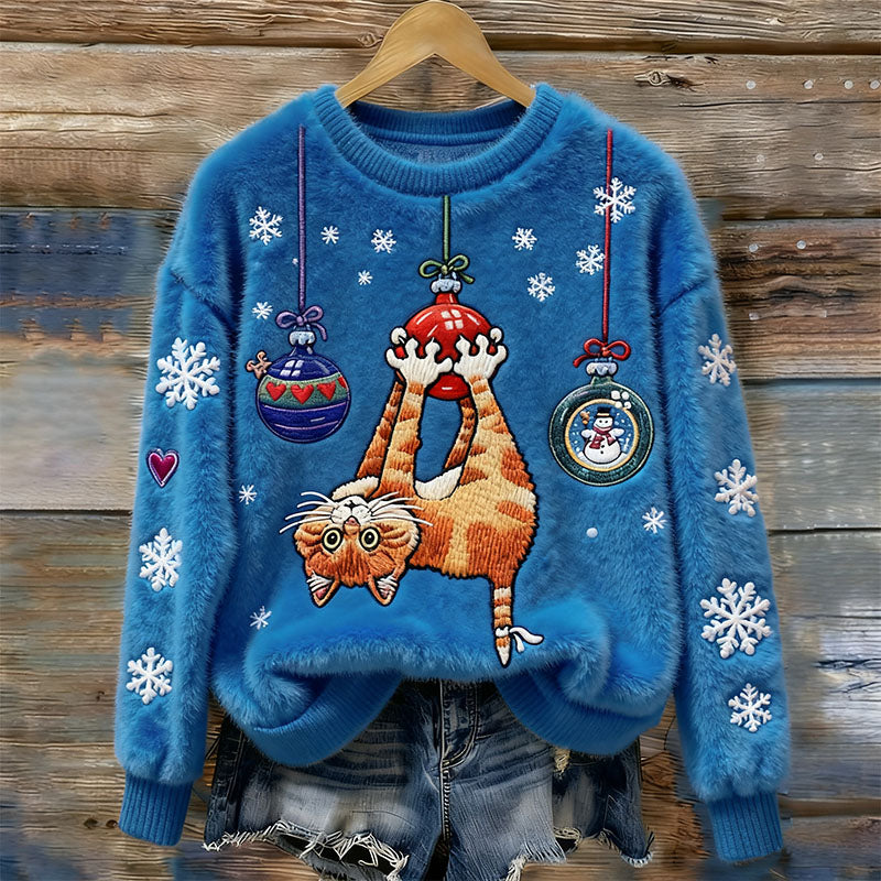 Women's Christmas Cat Embroidery Art Round Neck Comfort Plush Sweatshirt elevenforest