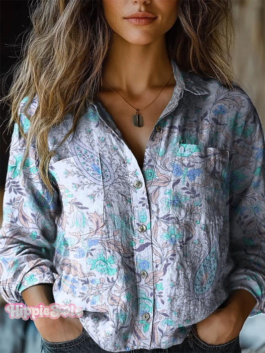 Women's Vintage Flower Print Casual Long Sleeve Comfortable Cotton Shi