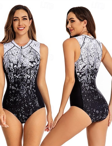 Rash Guard One Piece Swimsuit Printed Front Zip Spandex Uv Sun Protection Upf50+ Quick Dry Sleeveless Bodysuit Bathing Suit Surfing Beach Water Sports Summer