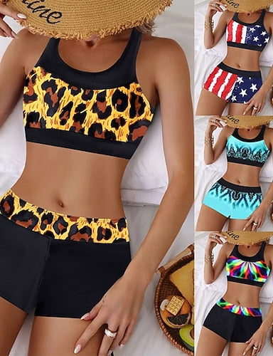 Swimwear 2 Piece High Waist Swimsuit Backless Vacation Beach Wear Leopard Round Neck Sleeveless Bathing Suits