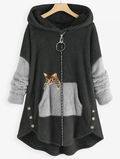 LM | Cozy fleece hooded jacket with adorable cat print