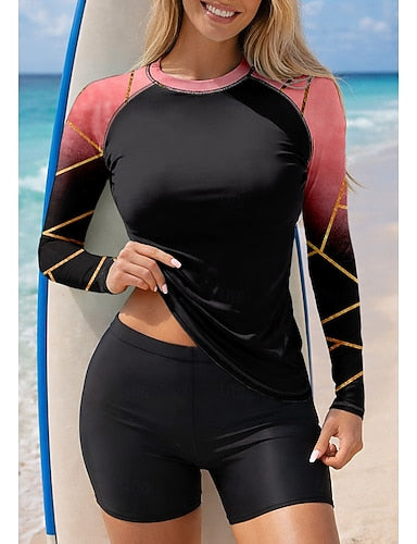Rash Guard Swimsuit Rash Guard Tankini Swimsuits Gradient Stripes 2 Piece Removable Pad Boyleg Uv Sun Protection Upf50+ Uv Protection Long Sleeve Swimwear Sun Shirt Surfing Canoeing Water