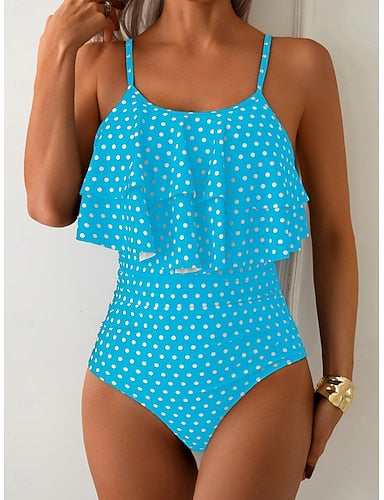Swimwear One Piece Monokini High Waist Swimsuit Ruffle Tummy Control High Waist Slim Backless Vacation Polka Dot Scoop Neck Sleeveless Bathing Suits
