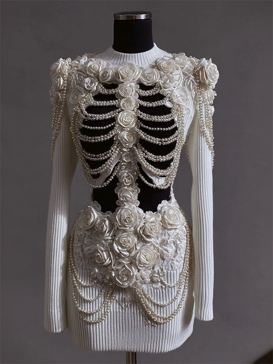 Vintage Roses Skeleton Pearls Beaded Contrast Knit Sweater Dress artswardrobe