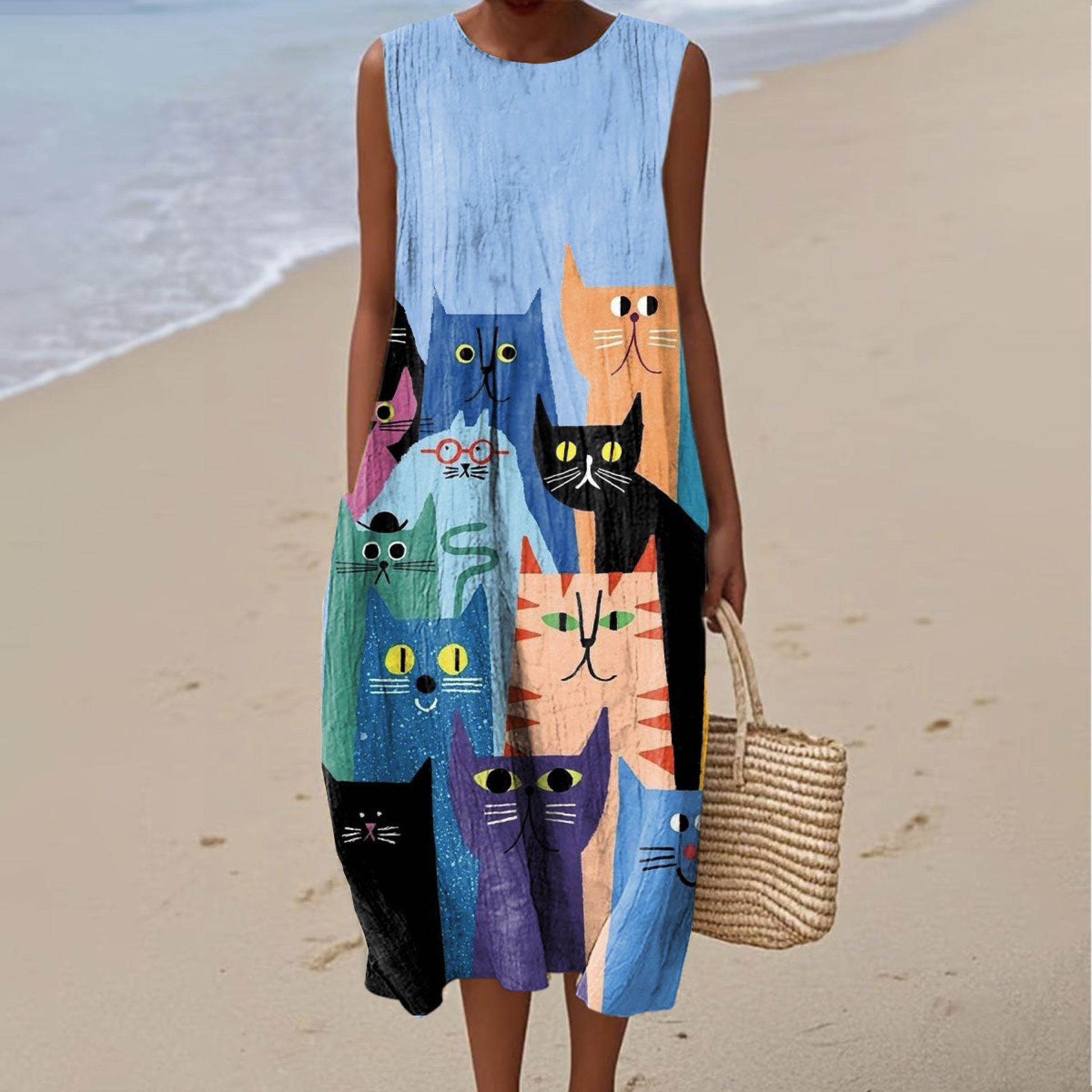 Women's Fashion Colorblock Cat Art Print Sleeveless Dress elevenforest