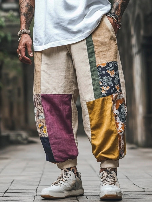 Vintage Boho Floral Patchwork Printed Men's Linen Casual Pant artswardrobe