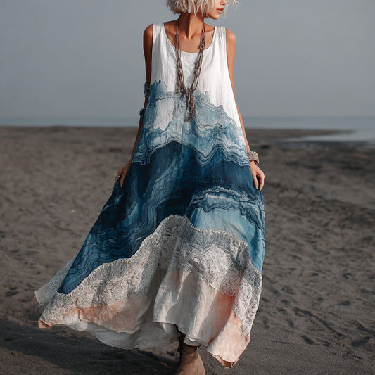 Vintage Marble Texture Collection Retro Bohemia Gradient Gilded Pattern Linen Maxi Dress artswardrobe