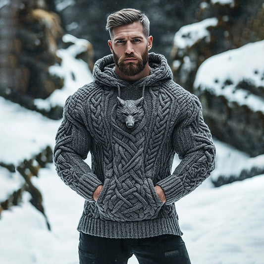 Men's Viking Tribal Wolf Inspired Chunky Knit Pocket Hooded Sweater artswardrobe