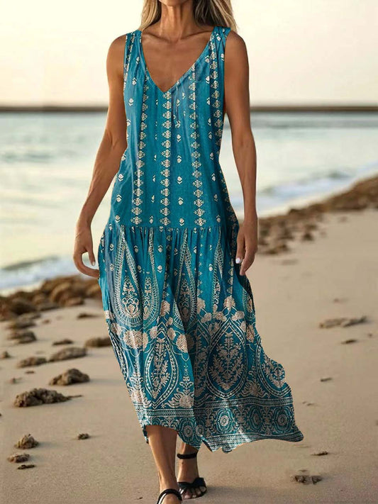 Women's Ethnic Tattoo Pattern Art Print Pocket Cotton Dresses