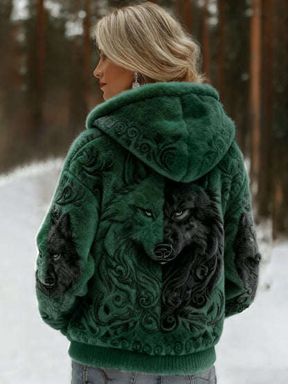 Comstylish Women's Viking Wolf Art Knit Cozy Flannel Hooded