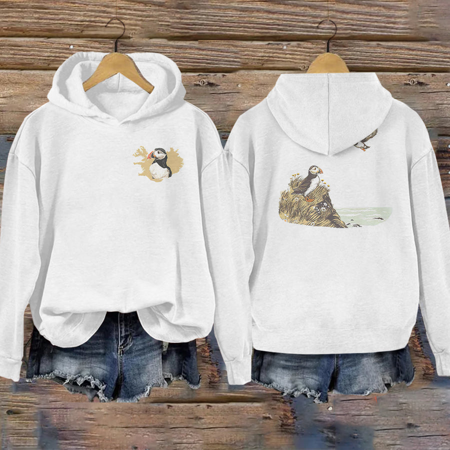 Vintage Iceland Puffin Bird Print Women's Hoodie elevenforest