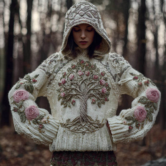 Women's Viking Style Tree Of Life And Rose Retro Warm Hooded Sweater artswardrobe