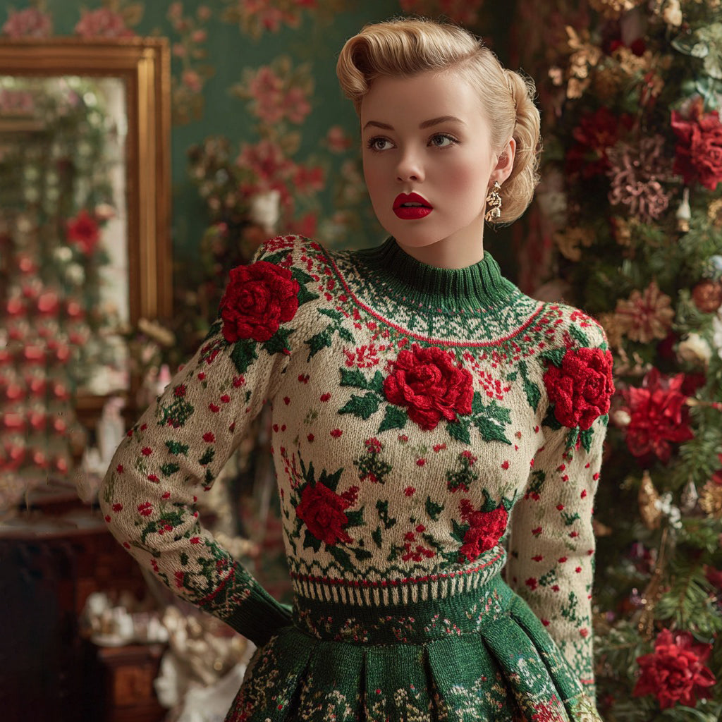 Comstylish Women's Vintage Christmas Rose Fair Isle Holly Leaf Jacquard Sweater