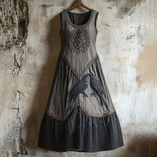 Vintage Viking Tribal Raven Graphics Art Linen Tank Dress artswardrobe