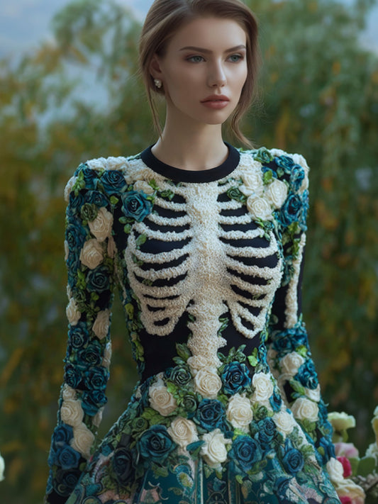 Women's Vintage Halloween Skeleton Bones With Rose Art Cozy Knit Mini Sweater Dress artswardrobe