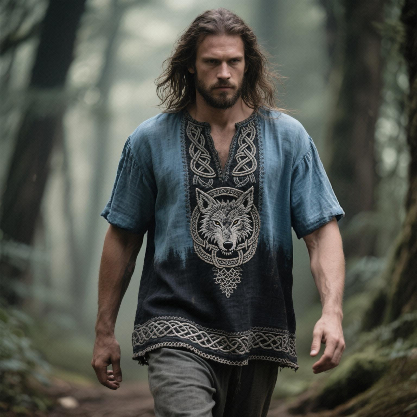 Men's Viking Wolf Embroidered V-neck Linen Blend Shirt artswardrobe