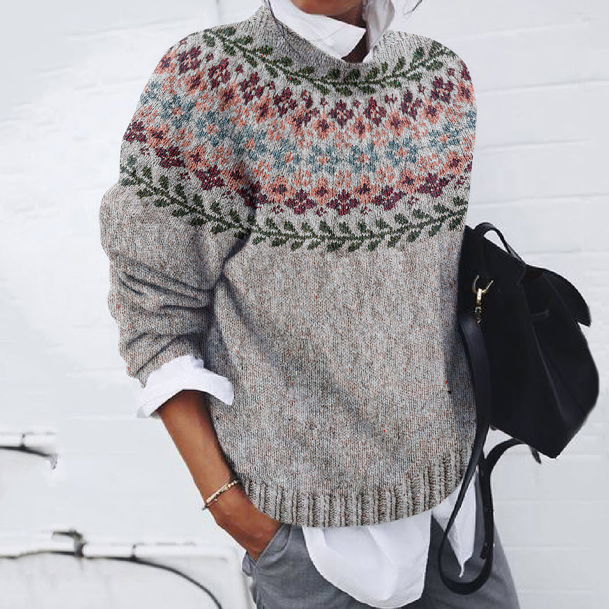 Retro Geometric Floral Knitted Print Cozy Sweater elevenforest