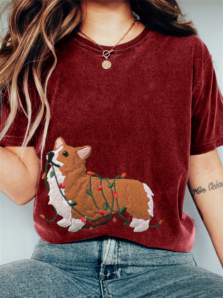 Comstylish Funny Christmas Corgi Dog Embroidered Washed T Shirt
