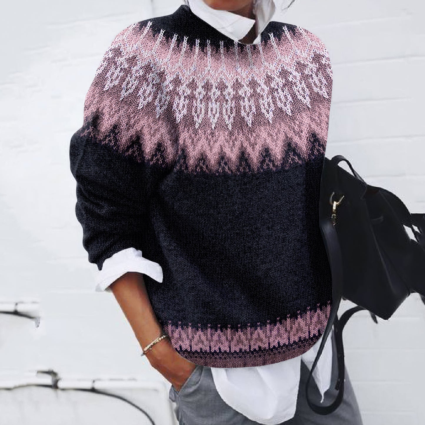 Vintage Tribal Icelandic Knit Contrast Pattern Sweater elevenforest