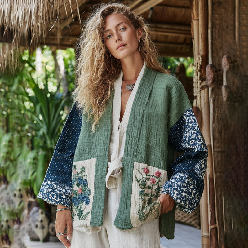 Comstylish Classic Bohemian Japanese Traditional Sashiko With Floral Art Embroidery Print Cotton And Linen Blend Kimono Cardigan