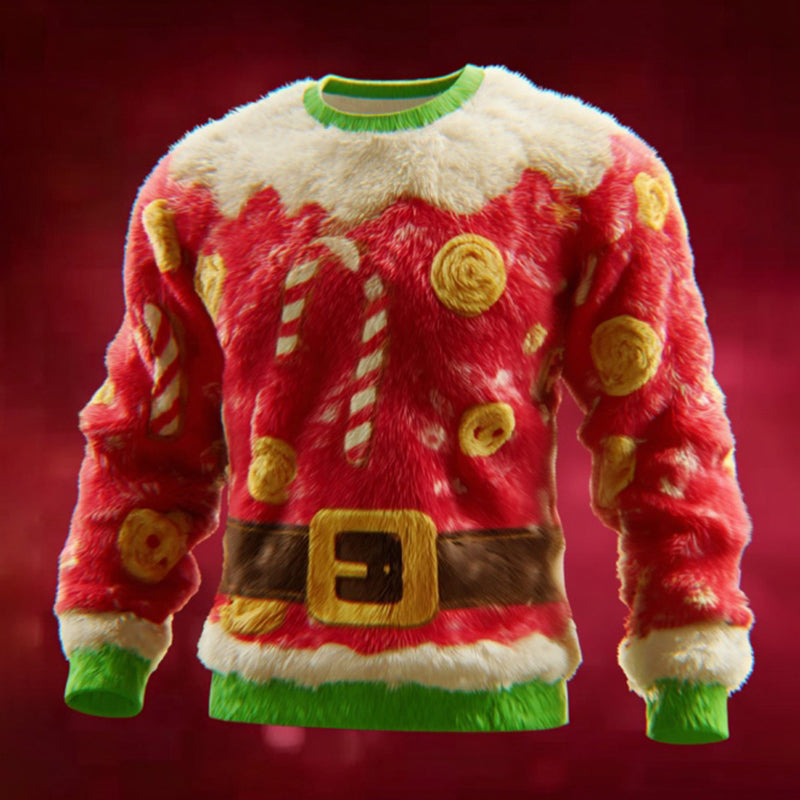 Comstylish Men's Fun Christmas Candy Color Block Crew Neck Plush Sweatshirt