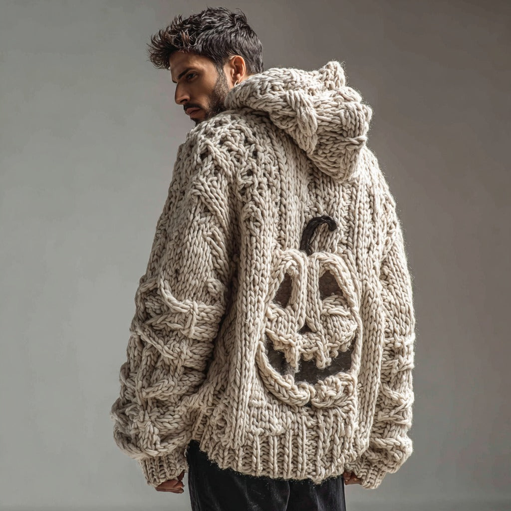 Men's Spooky Pumpkin Pattern Knitted Warm Zip Hooded Cardigan Sweater elevenforest