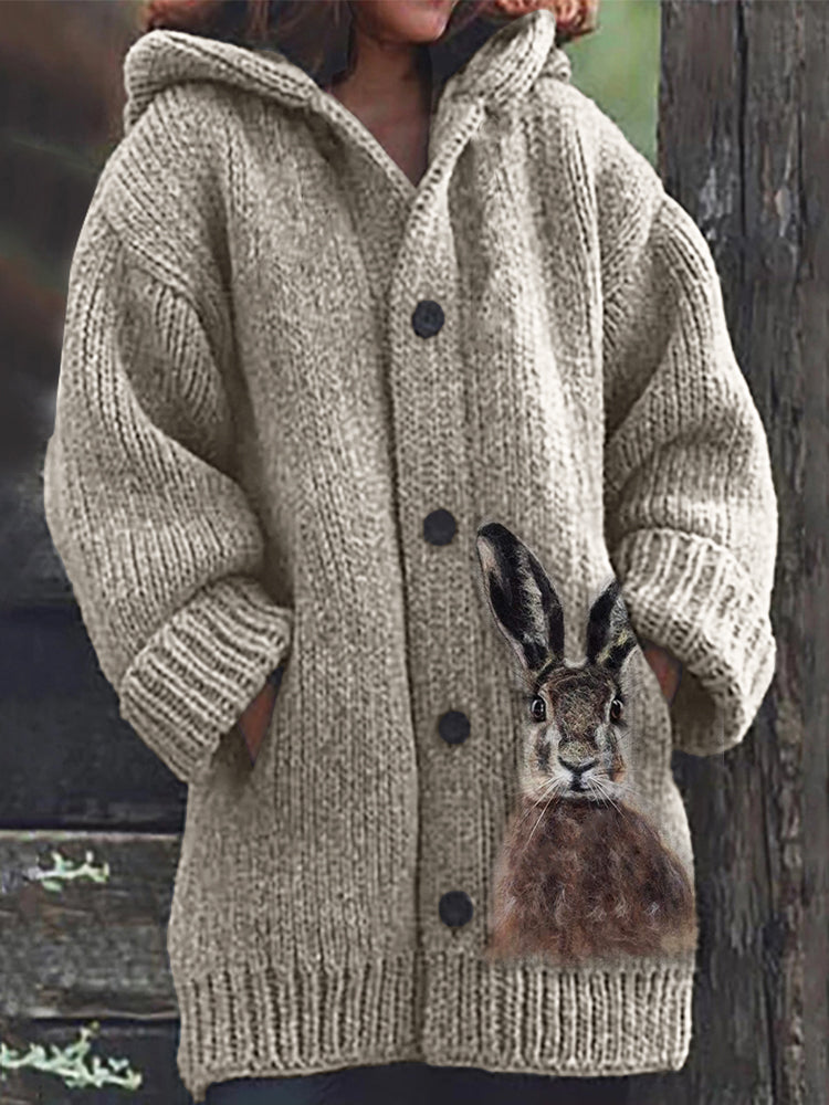 Fuzzy Bunny Felt Art Cozy Knit Hooded Cardigan artswardrobe