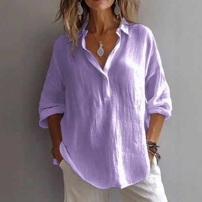 Comstylish Women's Retro V Neck Cotton Linen Comfy Shirt