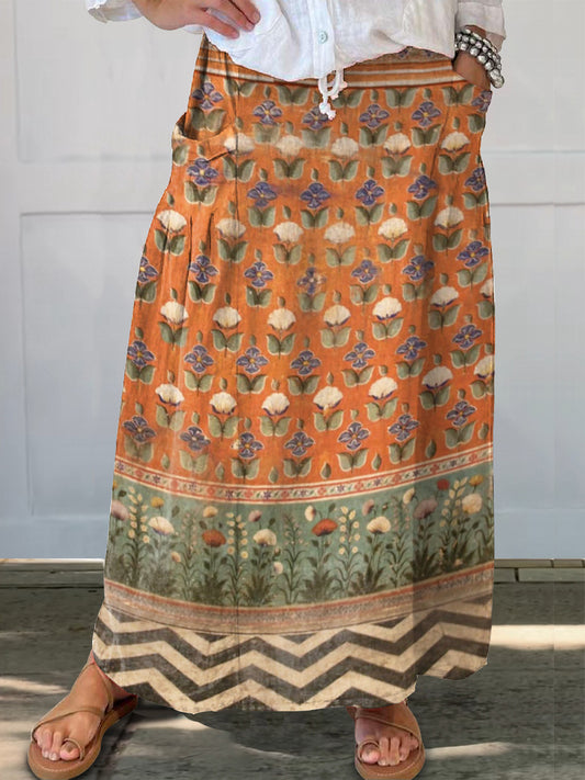 Women's Vintage Floral Collage Art Pattern Print Linen Pocket Skirt