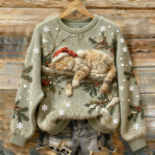 Vintage Christmas Lazy Cat Art Women's Cozy Plush Sweater elevenforest