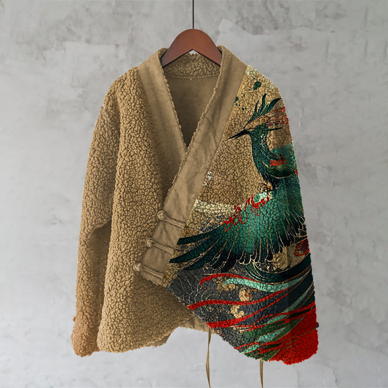 Comstylish Japanese Phoenix Art Pattern Plush Kimono Cardigan