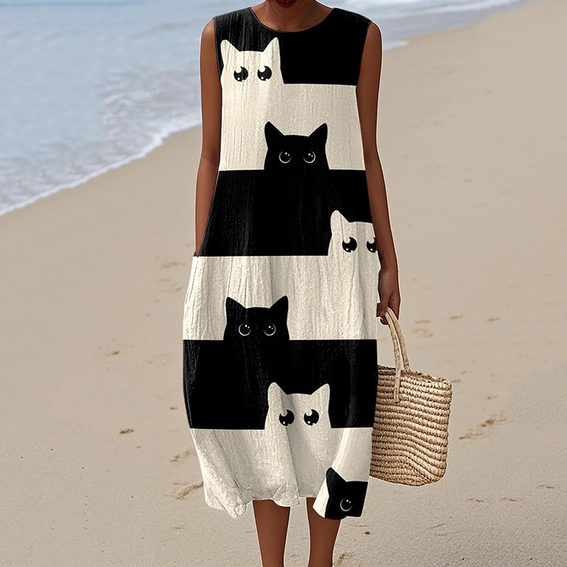 Women's Vintage Abstract Geometric Black Cat Art Linen Tank Midi Dress elevenforest