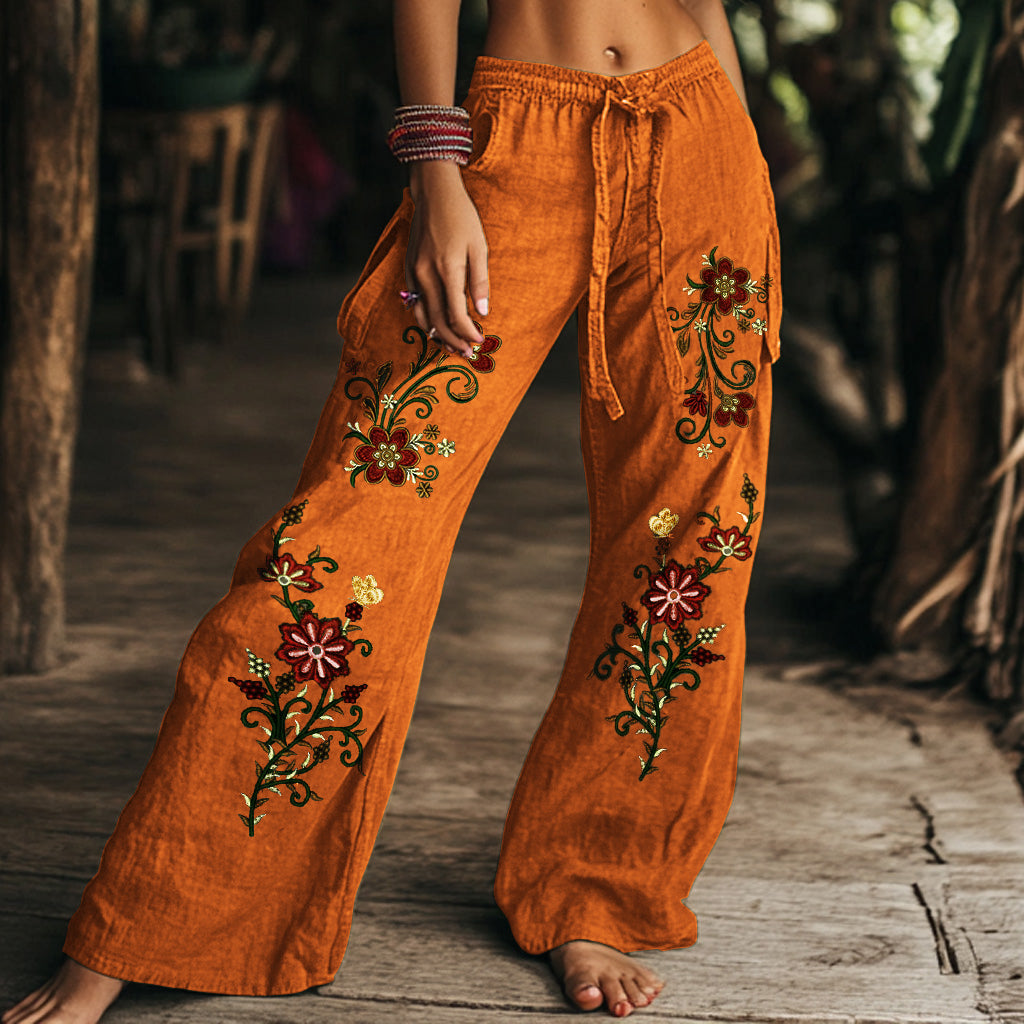 Vintage Floral Art Printed Cotton Linen Wide Leg Pants artswardrobe