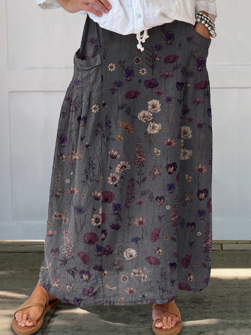 Women's Flower Art Print Linen Pocket Skirt
