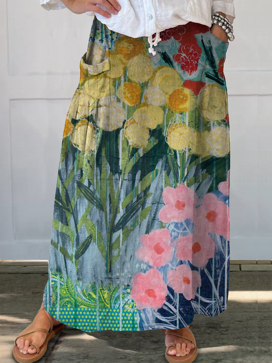 Women's Floral Art Printed Linen Pocket Skirt
