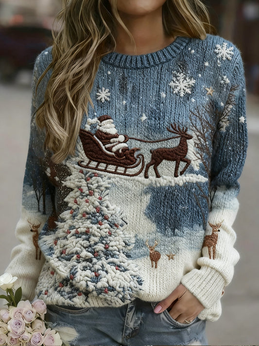 Women's Retro Christmas  Pattern Casual Crew Neck Sweatshirt